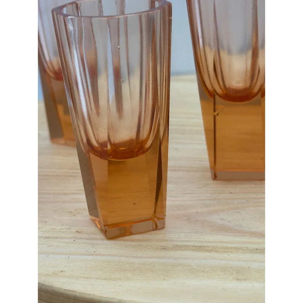 Vtg 30s Czech Bohemian Art Deco Moser Style Salmon Pink Faceted Vodka glasss 6